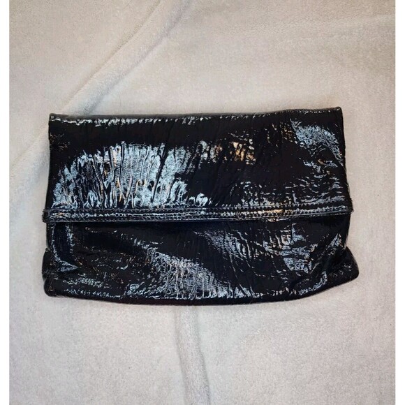 Nicole Miller Real Patent Leather Envelope Fold Over Clutch Deep Purple Purse - Picture 1 of 10